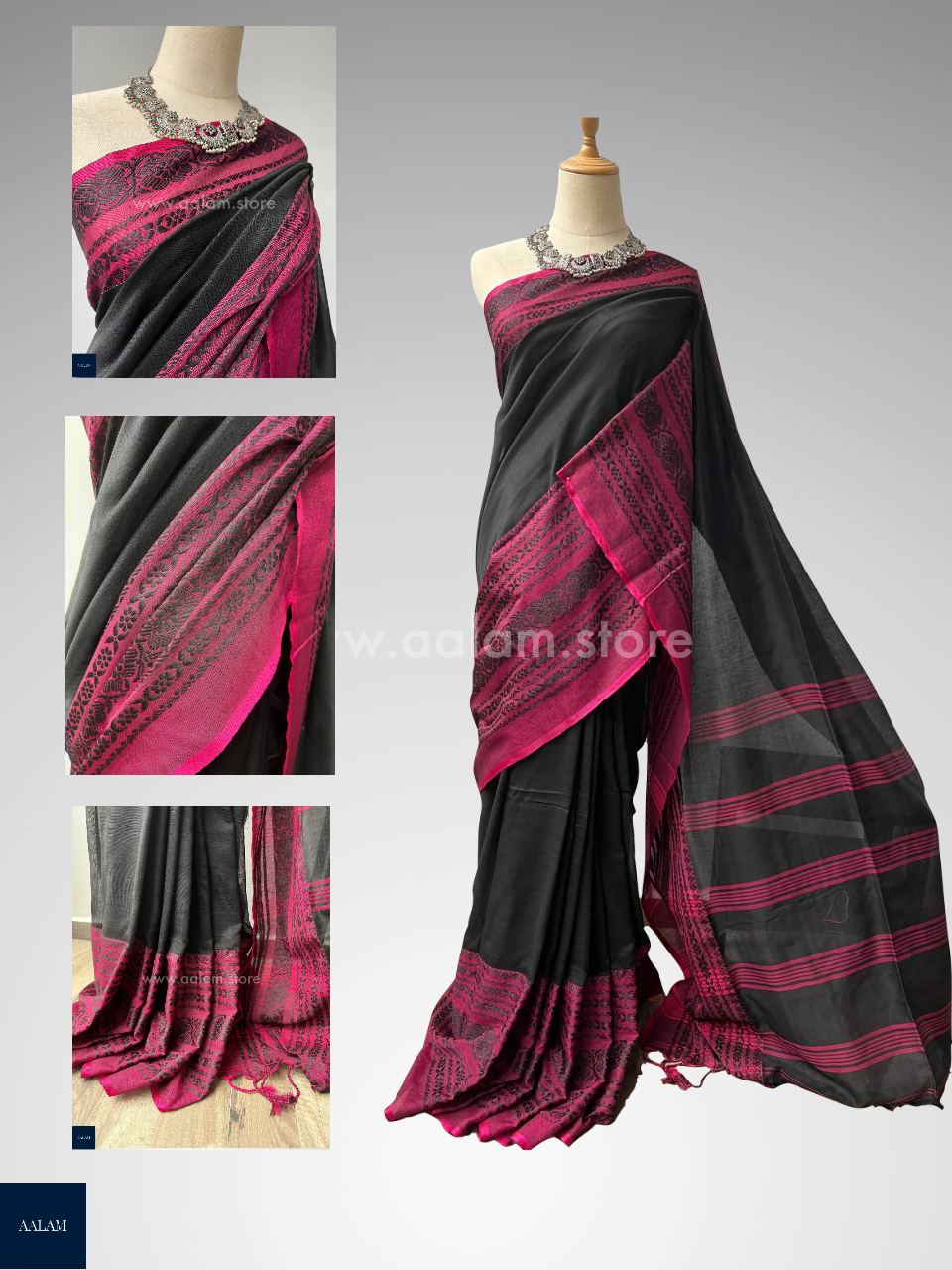 Handloom Mercerized Cotton Saree – Black & Pink