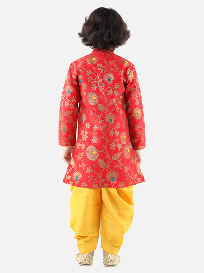 Jacquard Sherwani - Red/Yellow