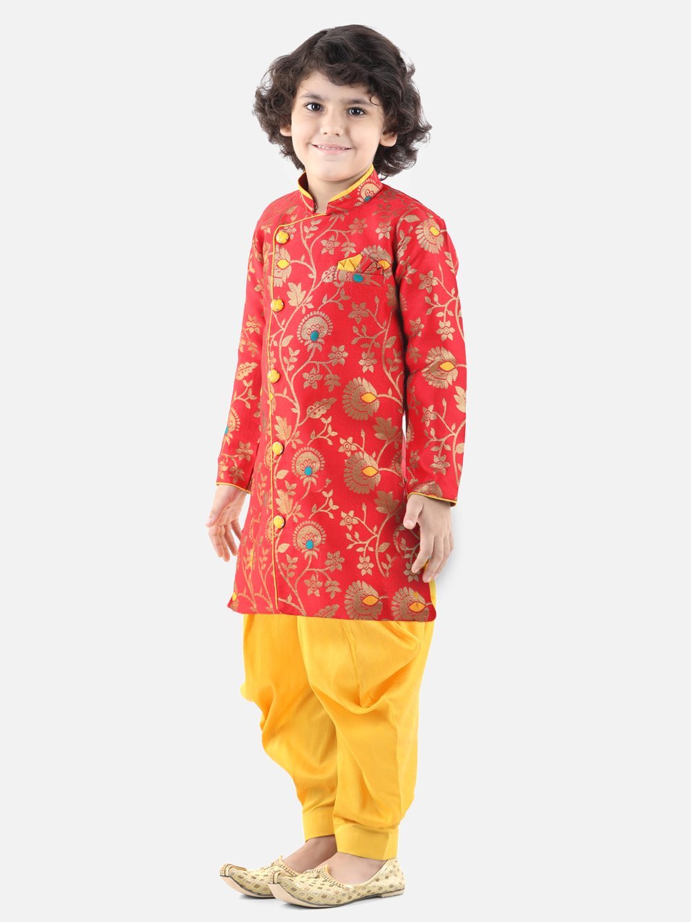 Jacquard Sherwani - Red/Yellow