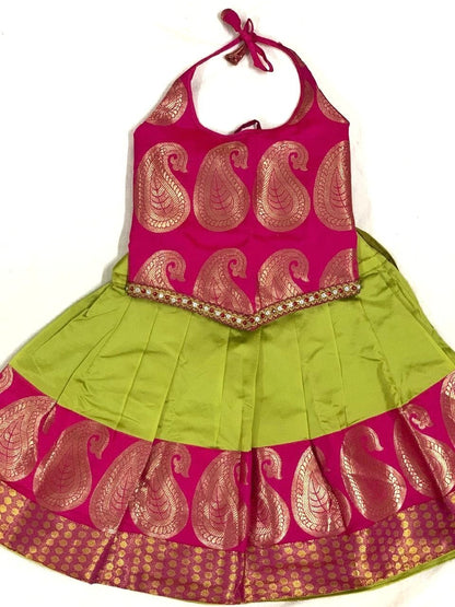 Traditional Pattu Pavadai Set - Parrot Green/Pink ( 1-2 yrs )