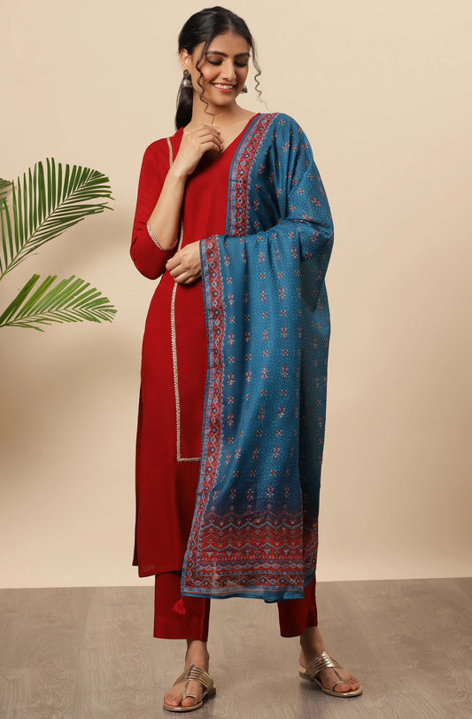 Maroon Rayon Kurta With Pant And Dupatta