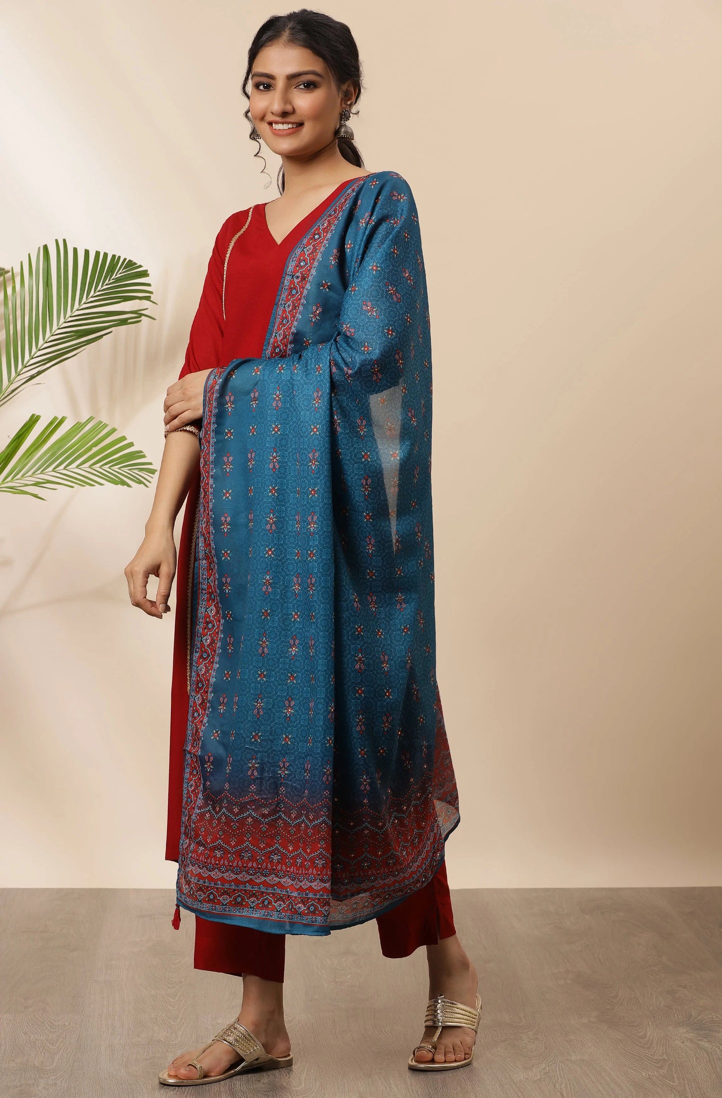 Maroon Rayon Kurta With Pant And Dupatta