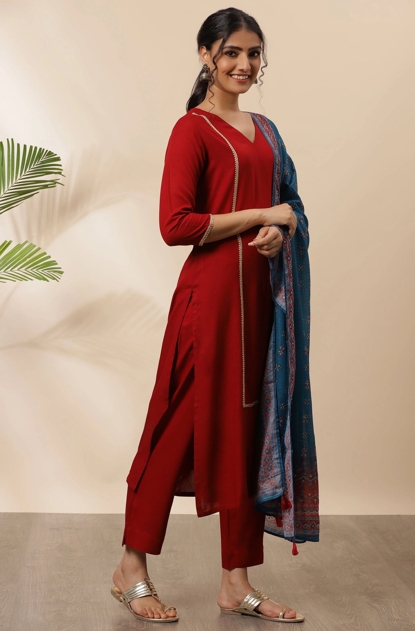 Maroon Rayon Kurta With Pant And Dupatta