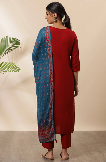 Maroon Rayon Kurta With Pant And Dupatta