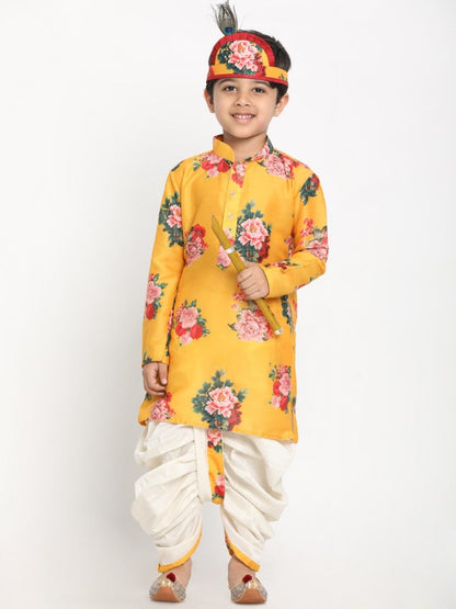 Floral Kurta and Dhoti Set - Mustard