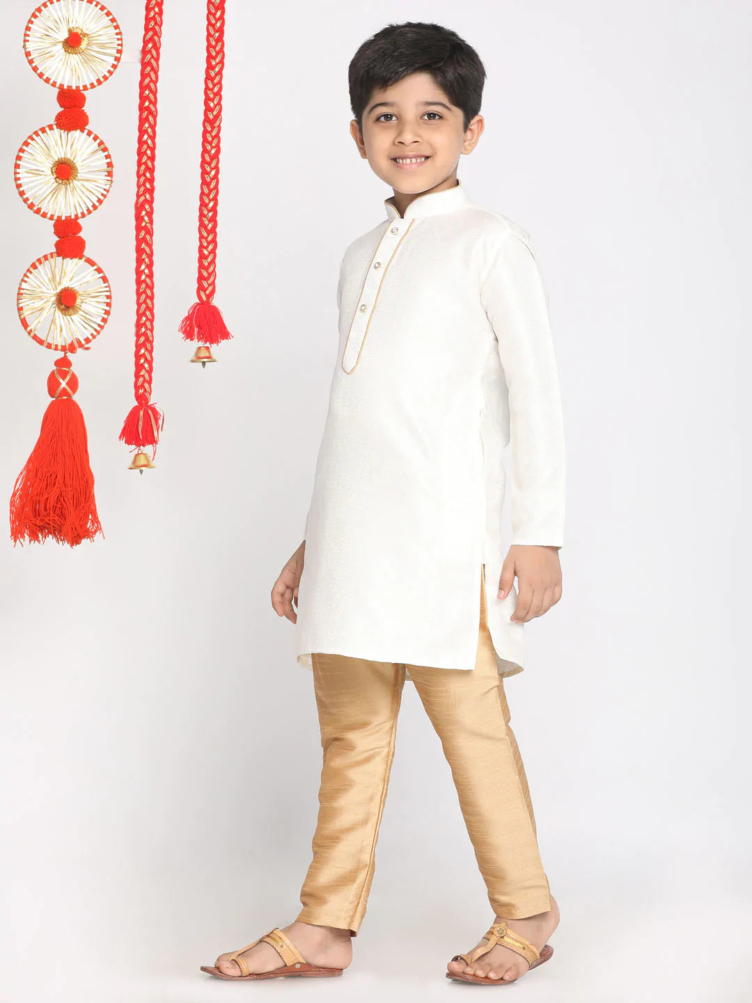 Jacquard Kurta Pyjama Set - White&Rose Gold