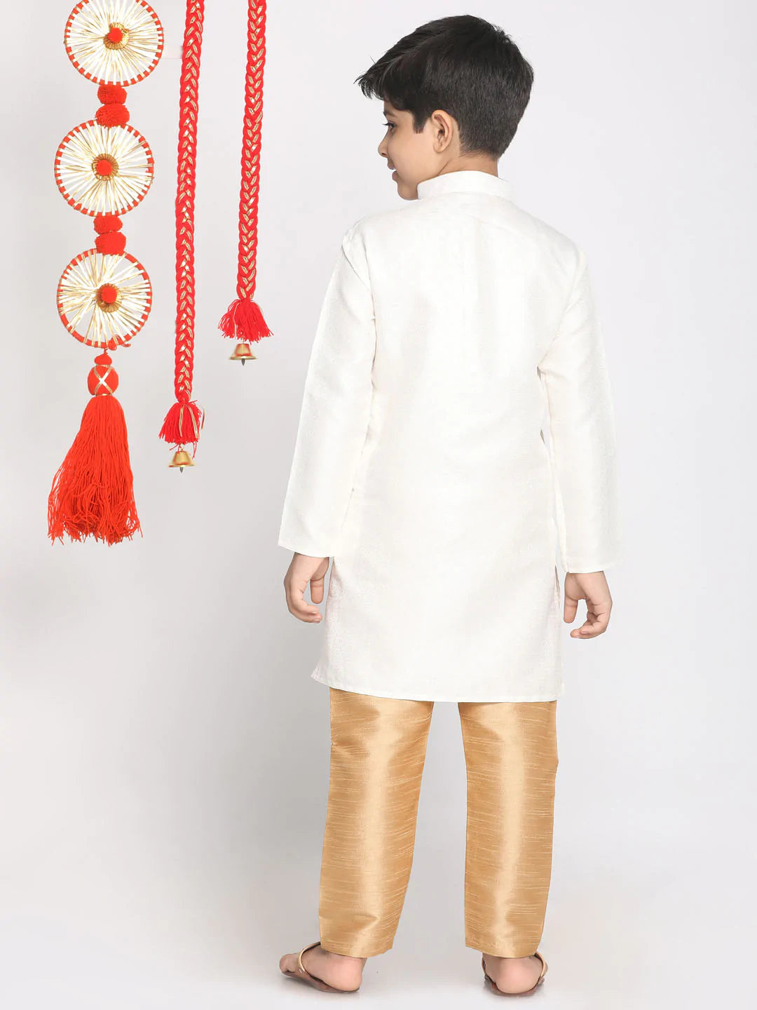 Jacquard Kurta Pyjama Set - White&Rose Gold