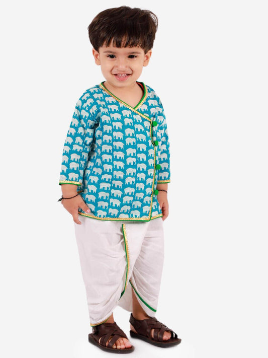 Elephant Printed Cotton Dhoti Kurta - Blue/White - AALAM