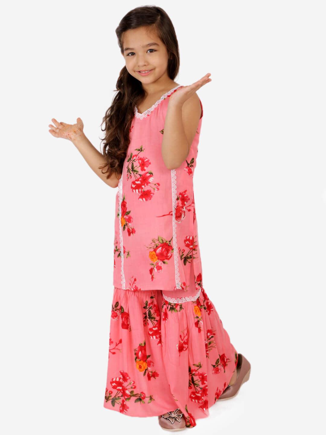 Floral Sleeveless Kurti Sharara - Pink - AALAM