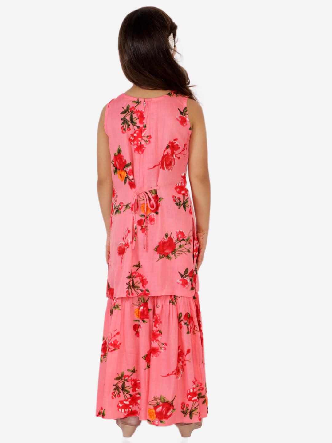 Floral Sleeveless Kurti Sharara - Pink - AALAM