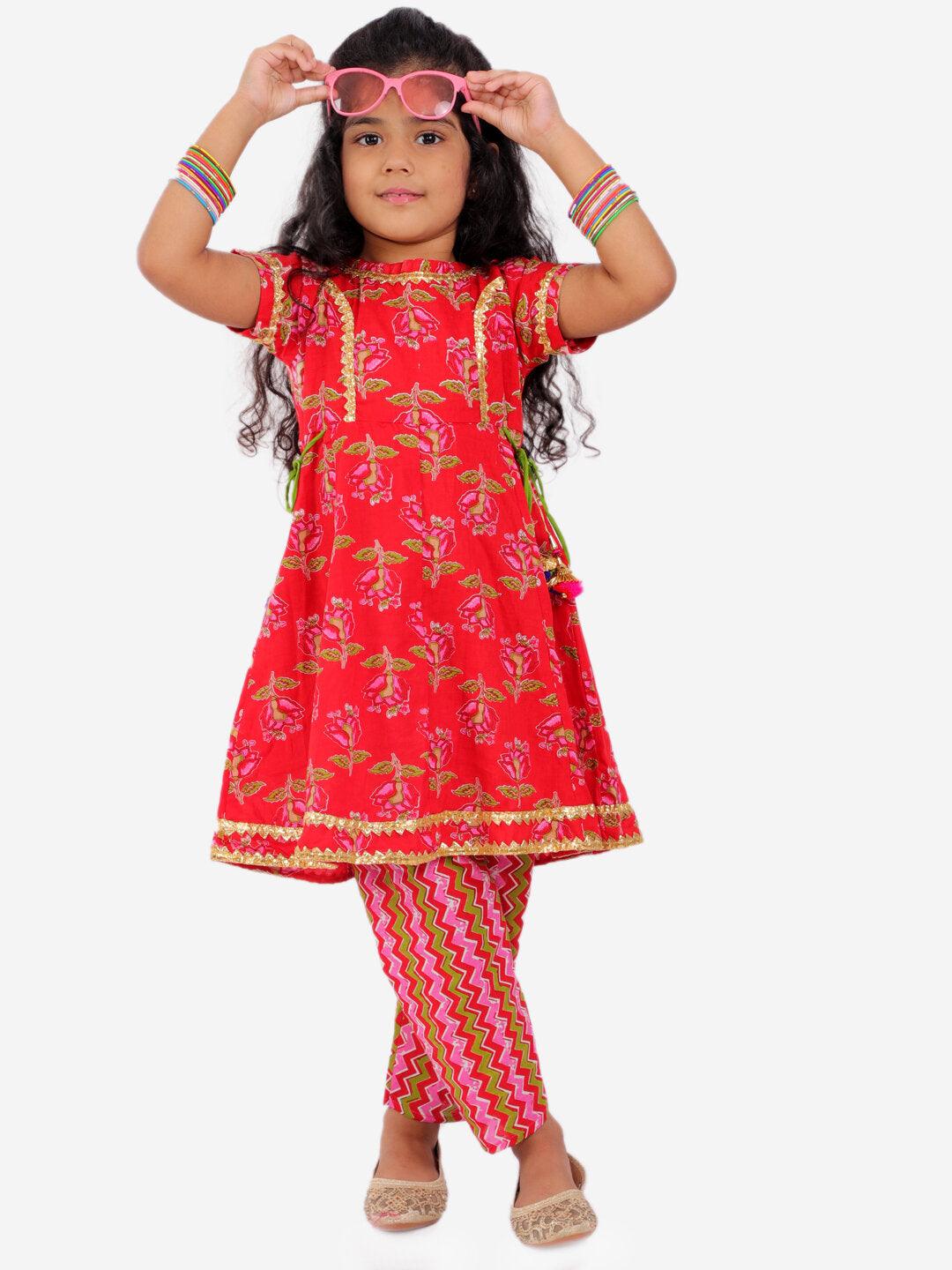 Block Print Anarkali Kurti with Pants - Red - AALAM