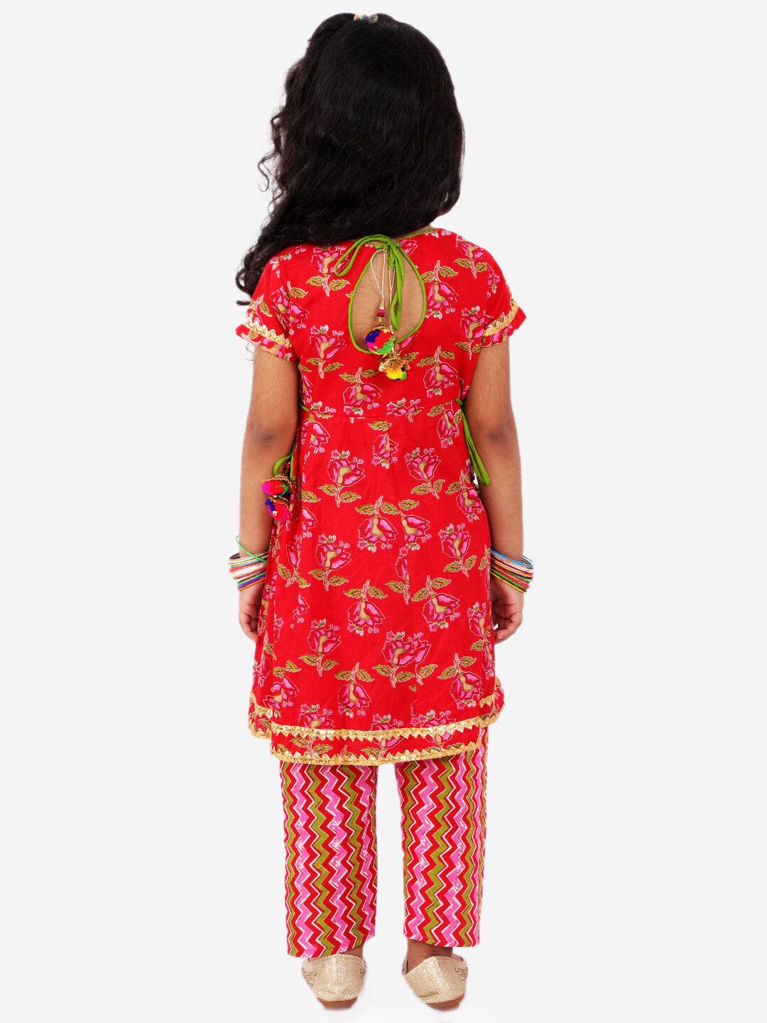 Block Print Anarkali Kurti with Pants - Red - AALAM