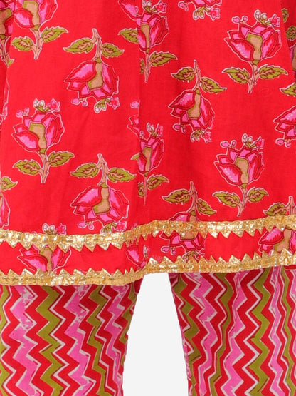 Block Print Anarkali Kurti with Pants - Red - AALAM