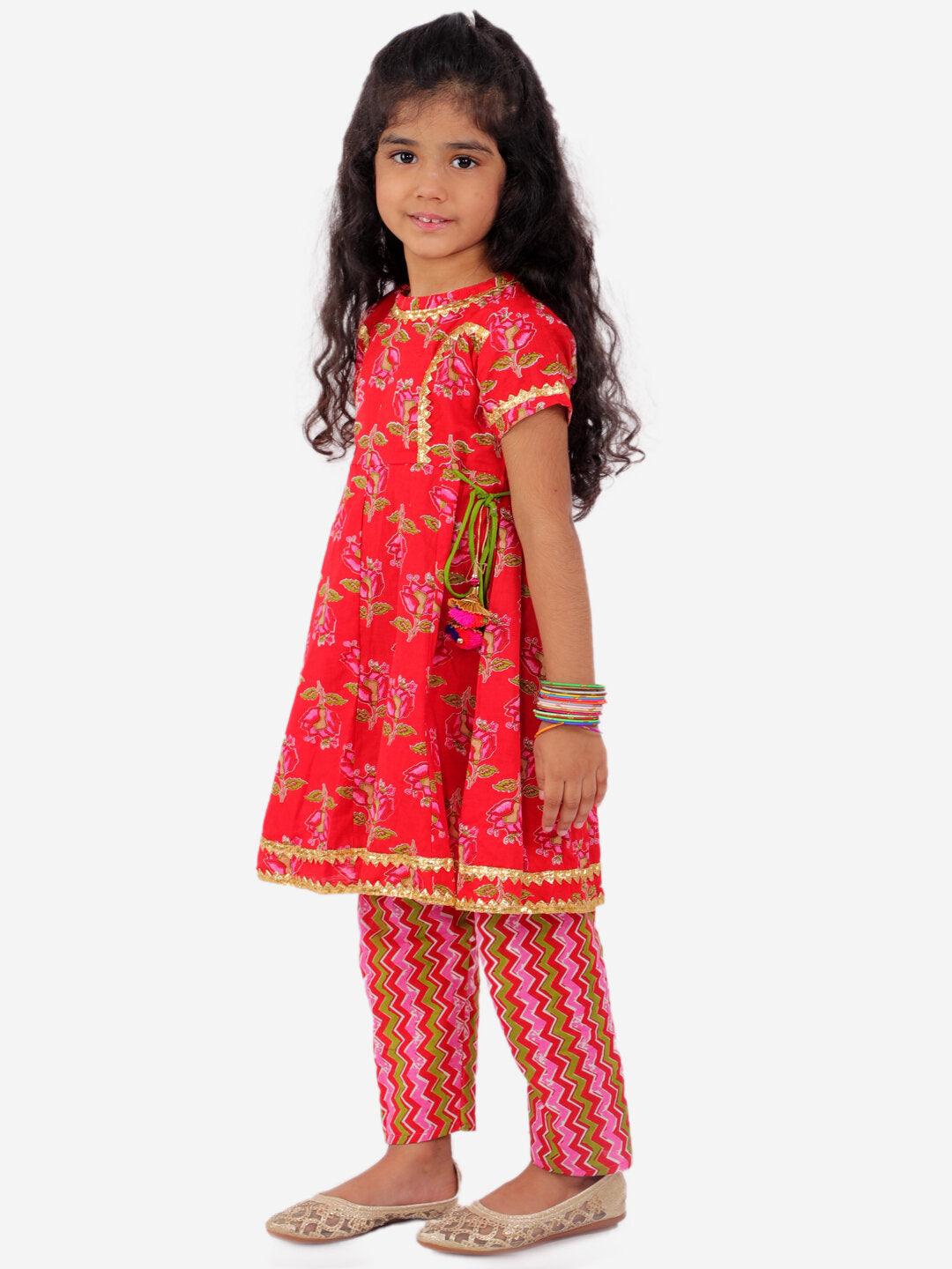 Block Print Anarkali Kurti with Pants - Red - AALAM