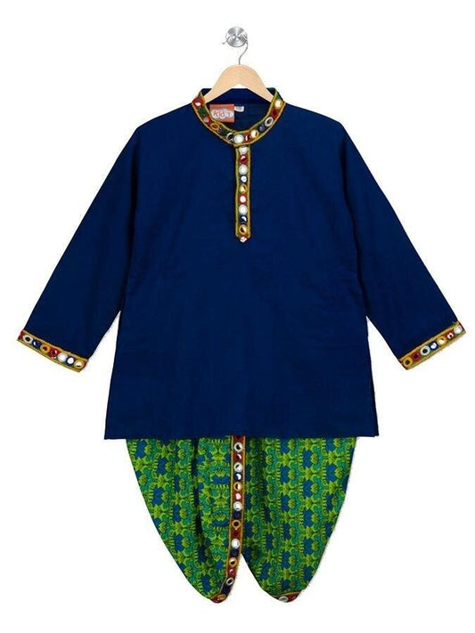 Blue Mirror Work Kurta with Green Dhoti - AALAM