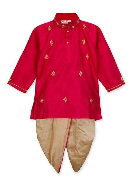 Red Motif Design Kurta with Gold Dhoti