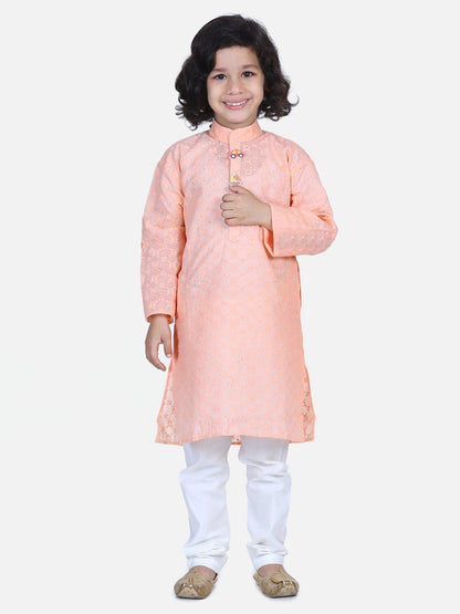 Chikankari Kurta Pyjama - Peach (2 Piece Set) - AALAM