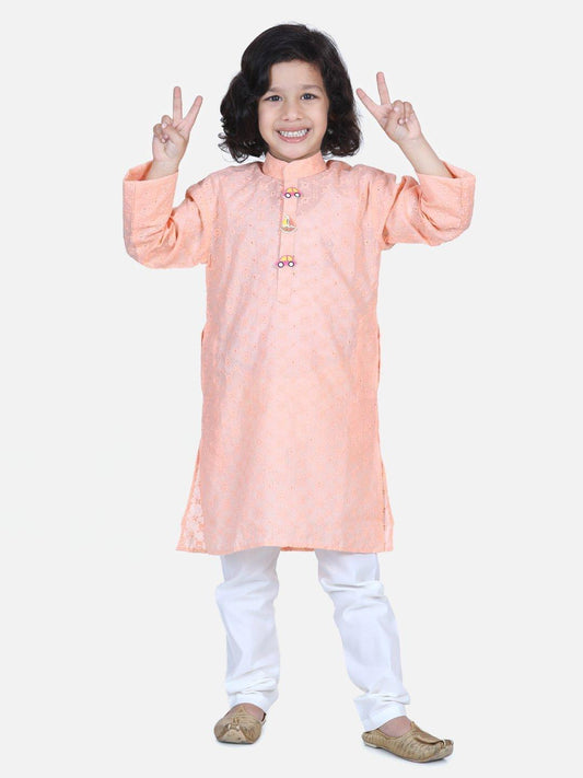 Chikankari Kurta Pyjama - Peach (2 Piece Set) - AALAM