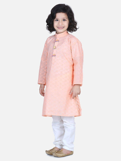 Chikankari Kurta Pyjama - Peach (2 Piece Set) - AALAM