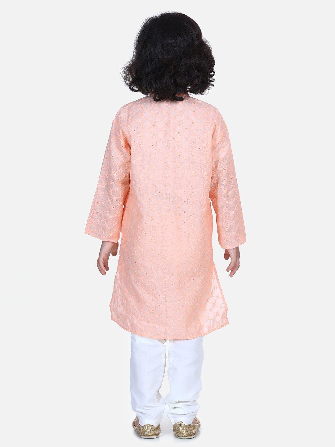 Chikankari Kurta Pyjama - Peach (2 Piece Set) - AALAM