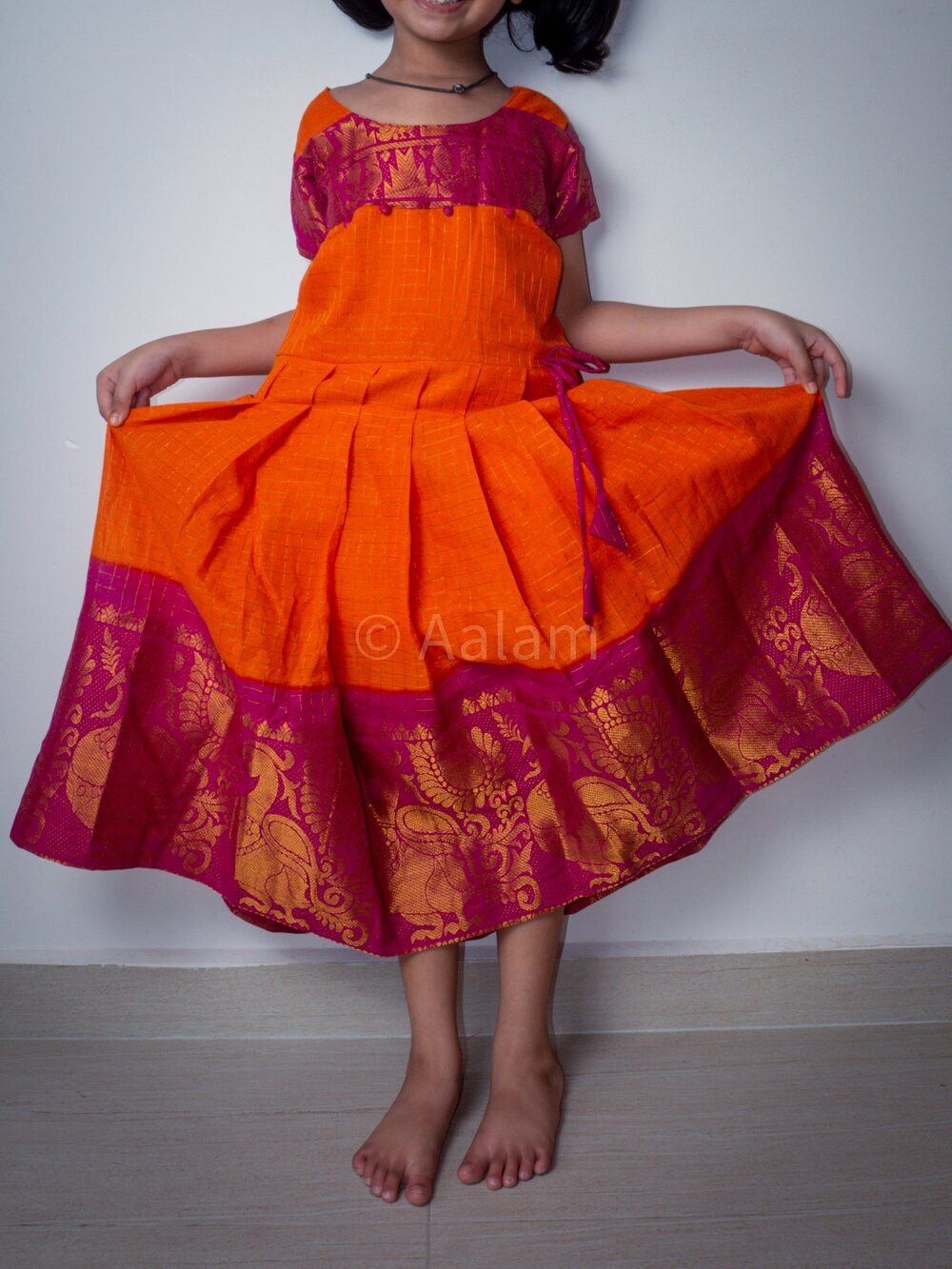 Orange Madurai Sungudi Dress with Pink Border