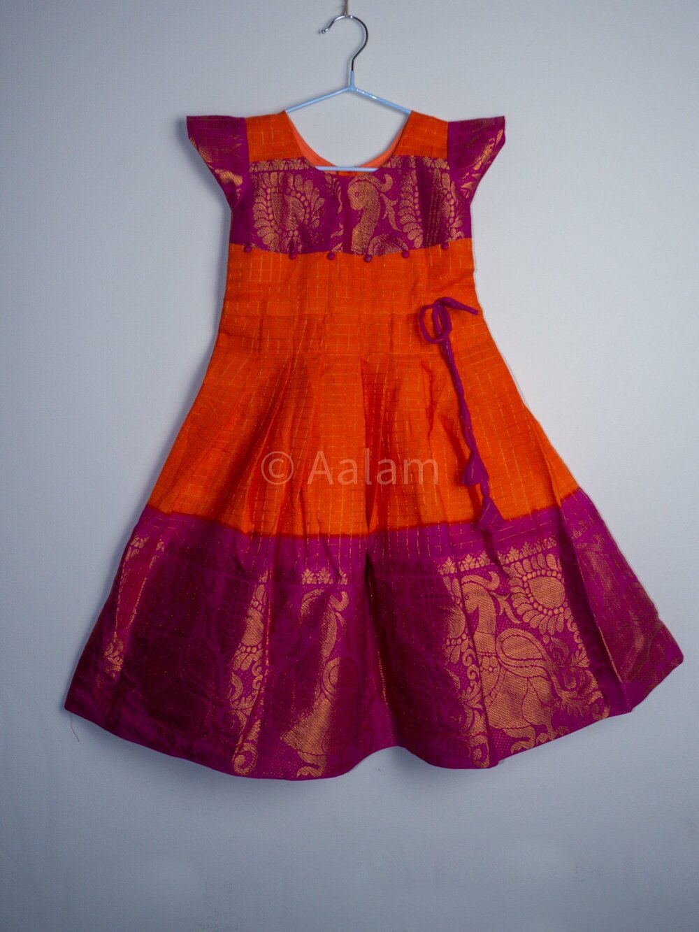 Orange Madurai Sungudi Dress with Pink Border