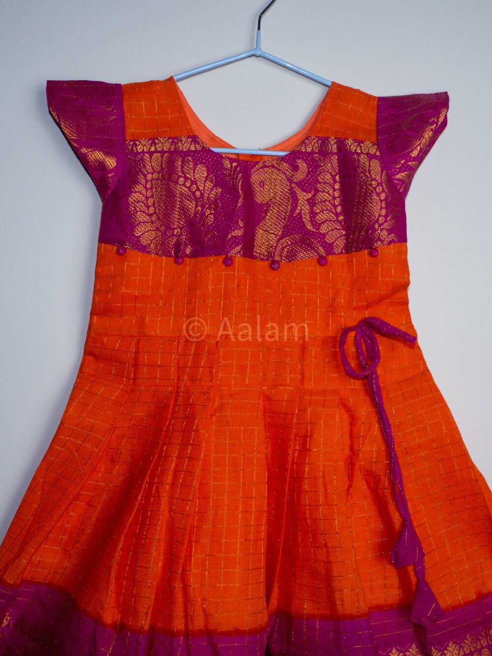 Orange Madurai Sungudi Dress with Pink Border