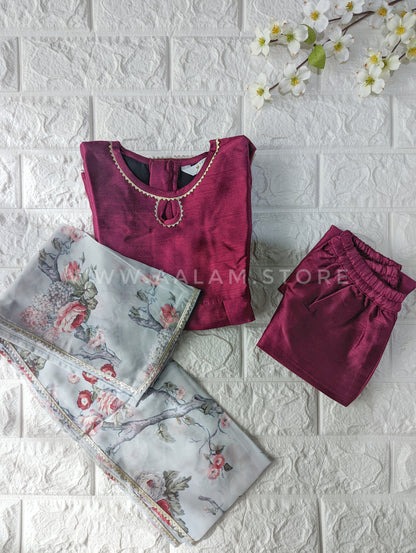 Magenta Anarkali Set with Grey Floral Dupatta (Kid)