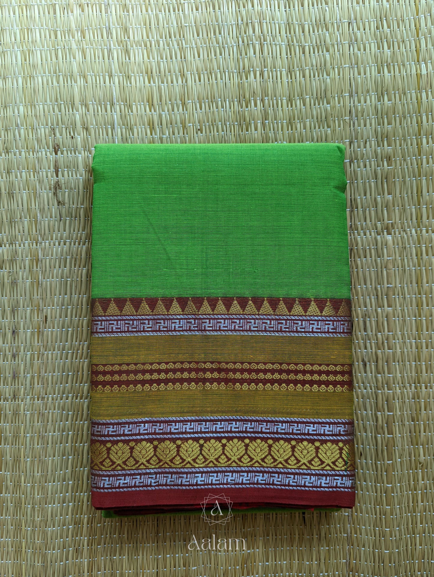 Cotton Saree - Parrot Green with Red & Silver Border