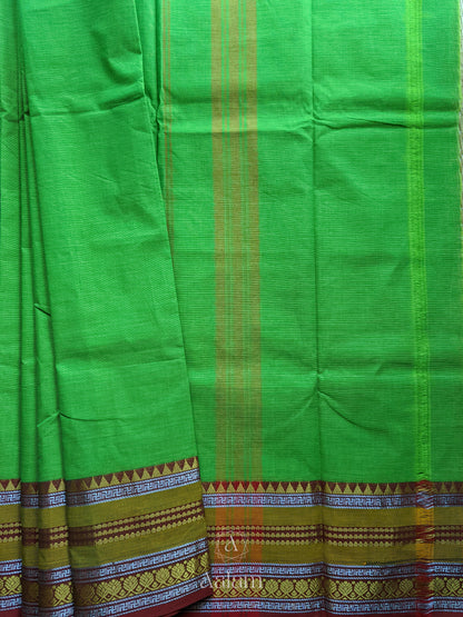 Cotton Saree - Parrot Green with Red & Silver Border