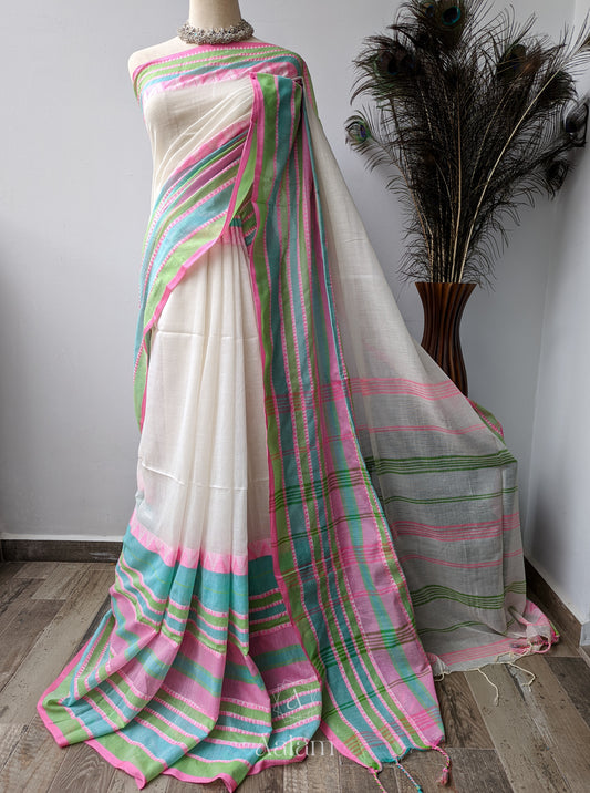 Handloom Mercerized Cotton Saree – White & Pink-Green