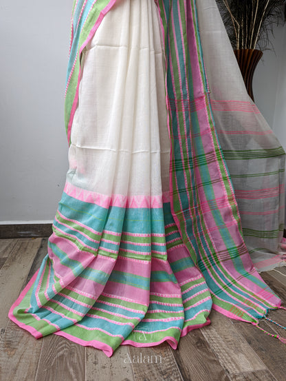 Handloom Mercerized Cotton Saree – White & Pink-Green