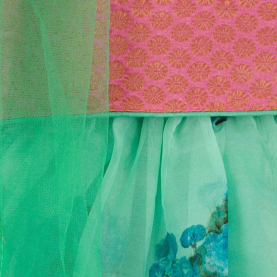 Sara Jaquard Choli With Floral Organza Lehenga - Pink & Green