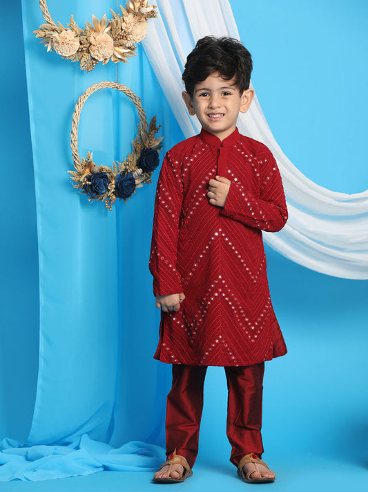 Maroon Mirror Work Kurta And Solid Pyjama Set