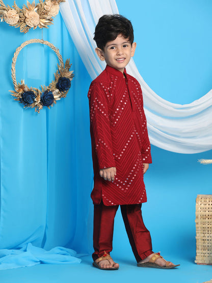 Maroon Mirror Work Kurta And Solid Pyjama Set