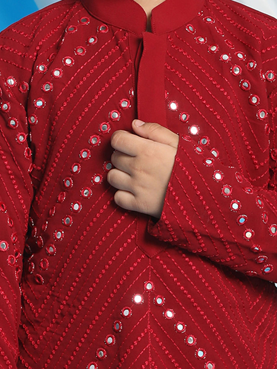Maroon Mirror Work Kurta And Solid Pyjama Set