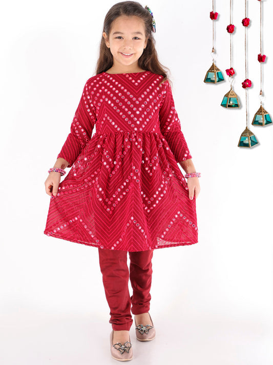 Maroon Mirror Work Kurta And churidar Set