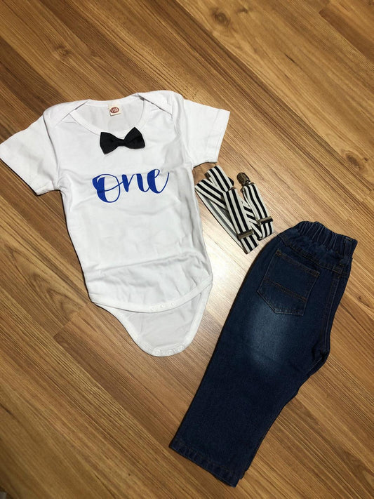 Two-piece Baby Boy One Bowtie Bodysuit And Ripped Suspender Jeans Set