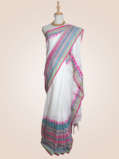 Handloom Mercerized Cotton Saree – White & Pink-Green