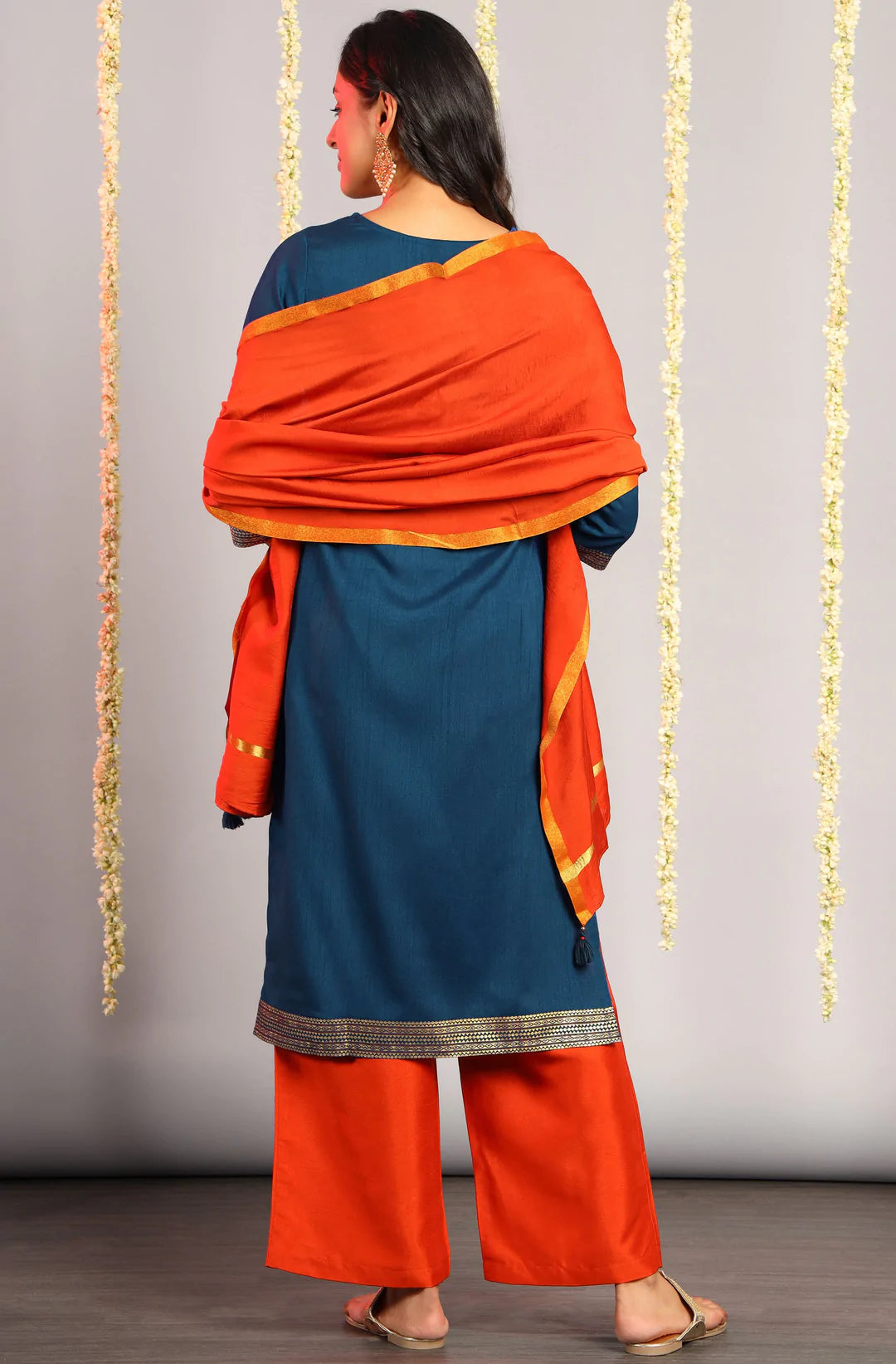 Blue Poly Silk Kurta With Palazzo & Orange Dupatta