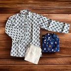 Pure Cotton Kurta Pyjama Set - Indigo & White (Boy)