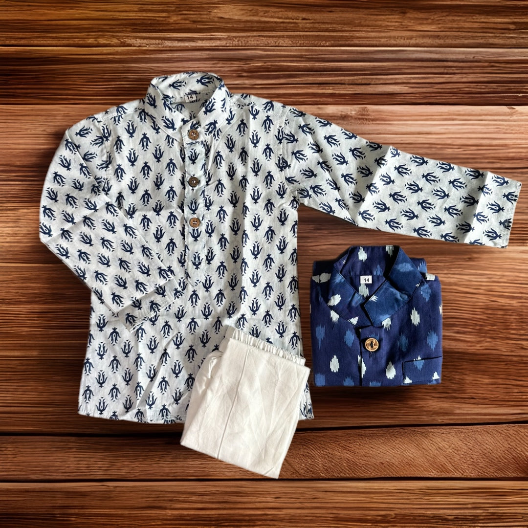 Pure Cotton Kurta Pyjama Set - Indigo & White (Boy)