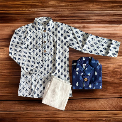 Pure Cotton Kurta Pyjama Set - Indigo & White (Boy)