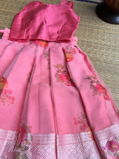 Banarasi Floral Sleeveless Top & Skirt - Pink