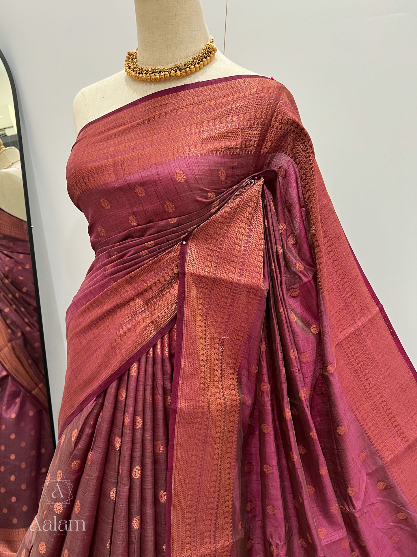 Soft Dupion Silk Copper Zari - Plum