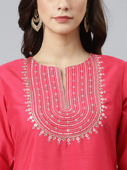 Pink Poly Silk Kurta With Pant & Yellow Dupatta