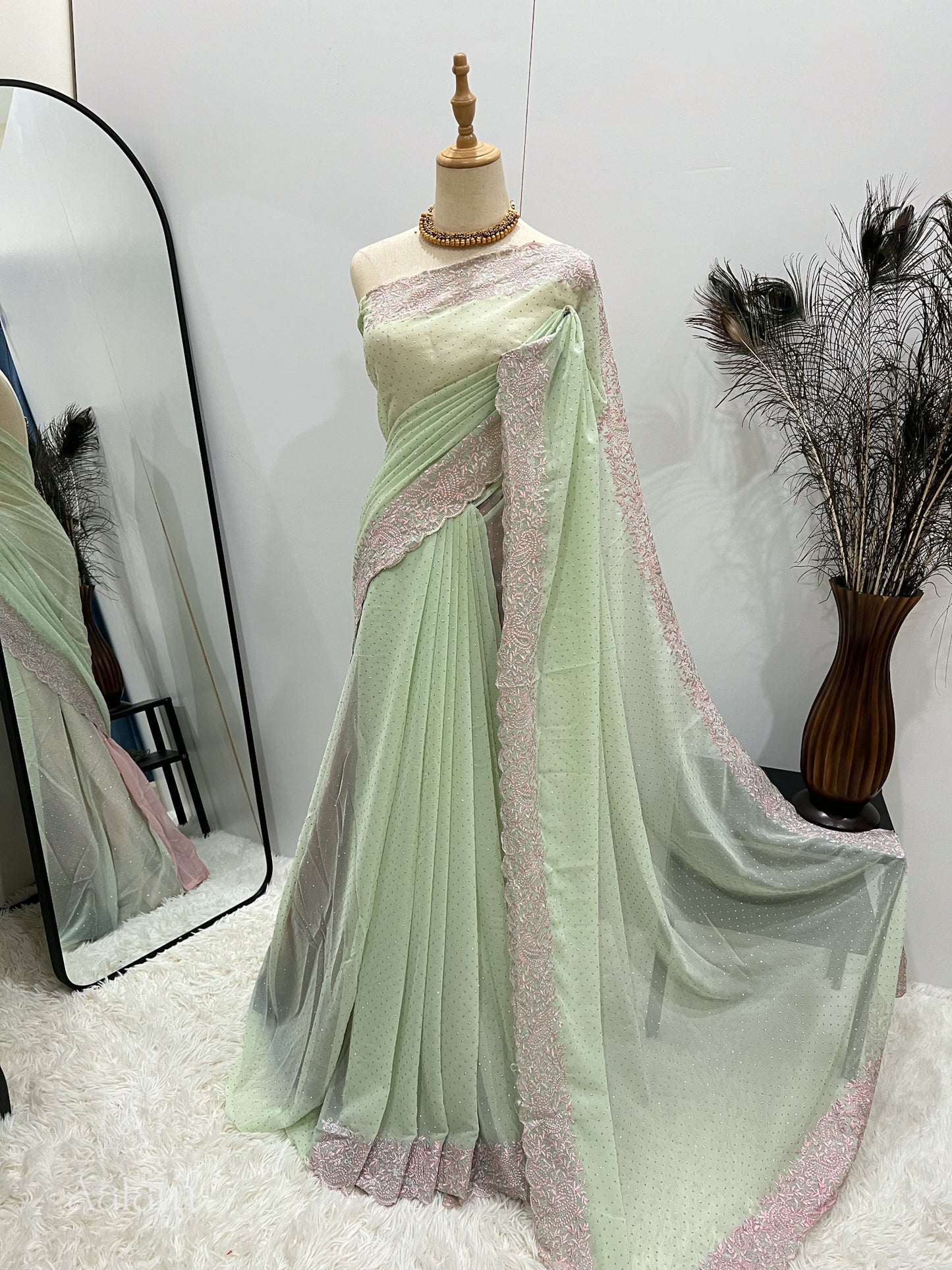 Georgette Embroidery Stone Saree - Mint & Pink