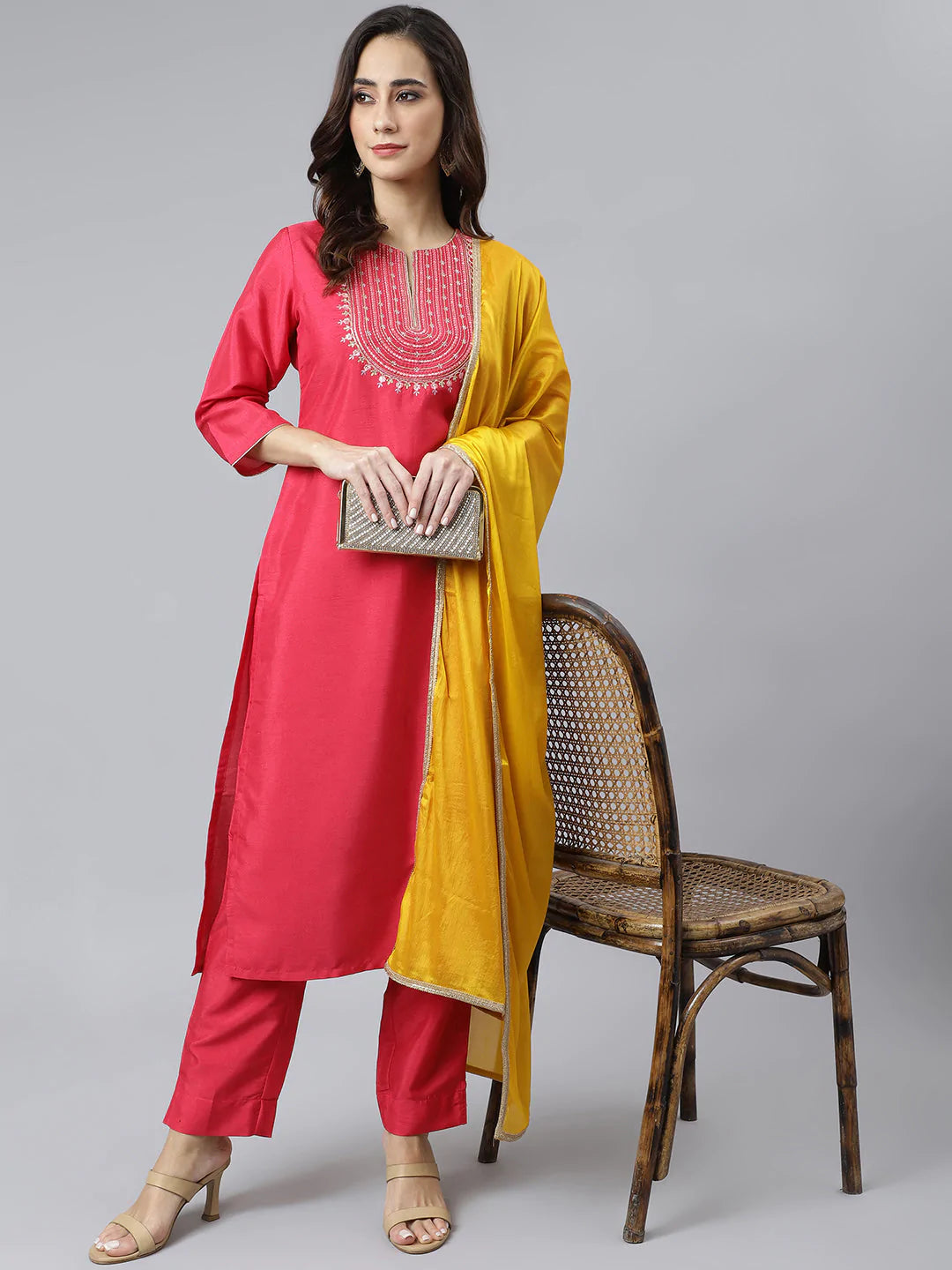 Pink Poly Silk Kurta With Pant & Yellow Dupatta