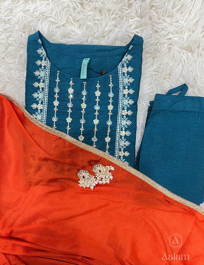 Teal Poly Silk Kurta With Pant & Orange Dupatta