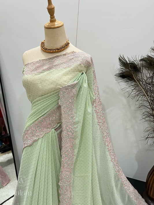 Georgette Embroidery Stone Saree - Mint & Pink